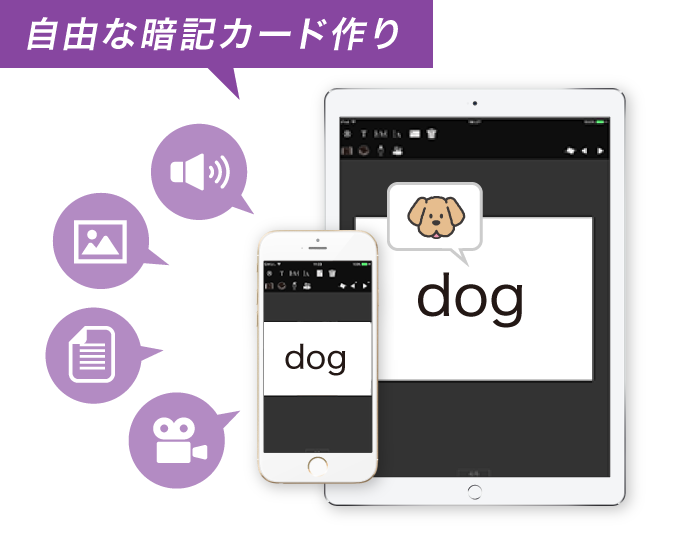 図：テキストや画像だけでなく、音声や動画なども利用可能。自由な暗記カードが作成できます。
